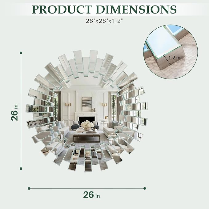 Round Decorative Mirror - 26" Sunburst Sun Mirrors for Wall Decor with Silver 3D Beveled Glass Frame, Modern Wall Art Accent for Living Room, Bedroom, Fireplace, Entryway