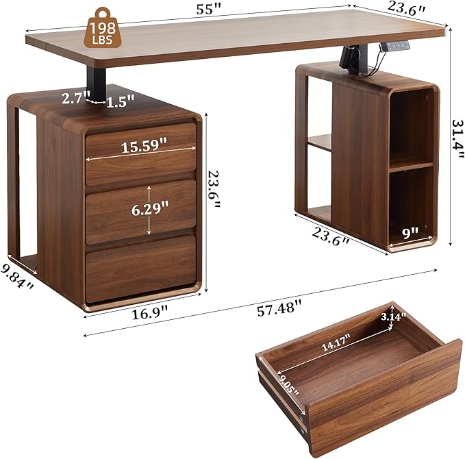 AVZEAR Farmhouse Electric Standing Desk, 55" Height Adjustable Computer Stand up Desk with 3 Drawers and Storage Shelf, Mid Century Modern Home Office Desk Wood Sit Stand Desks for Work, Study, Walnut