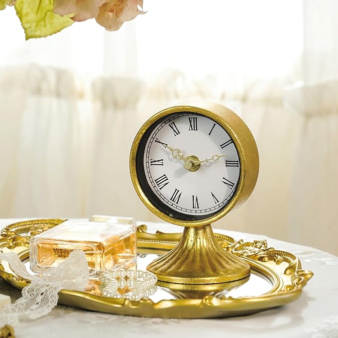 NIKKY HOME Vintage Table Clocks, Small Desk Clocks Decorative Gold Desk Shelf Clock Silent Non-Ticking Battery Operated Clock for Bedroom Living Room Decor