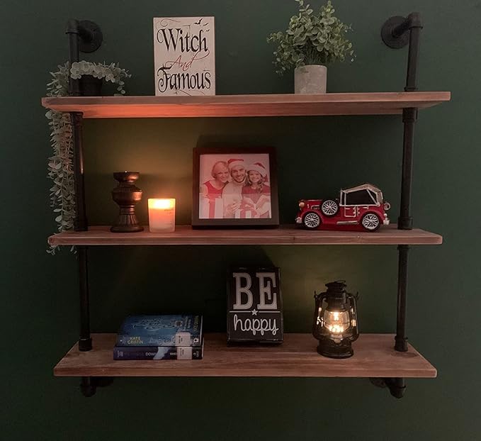 HDDFER Pipe Shelves Industrial Pipe Shelving Shelves Real Wood Industrial Floating Pipe Shelves with Wood Planks 36 inch Wall Shelves Rustic Hanging Bookshelf Farmhouse Kitchen Bar Shelving