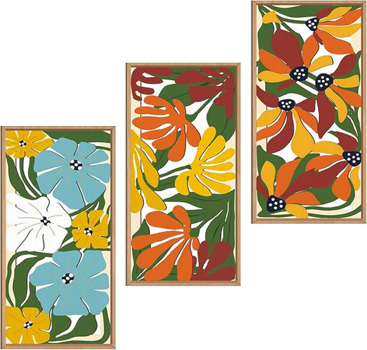 IARTTOP Boho Floral Wood Wall Art Framed 8x16 Inch Set of 3 Minimalist Botanical Plant Wooden Wall Decor Colorful Mid-century Modern Flower Artwork for Living room Bedroom Office
