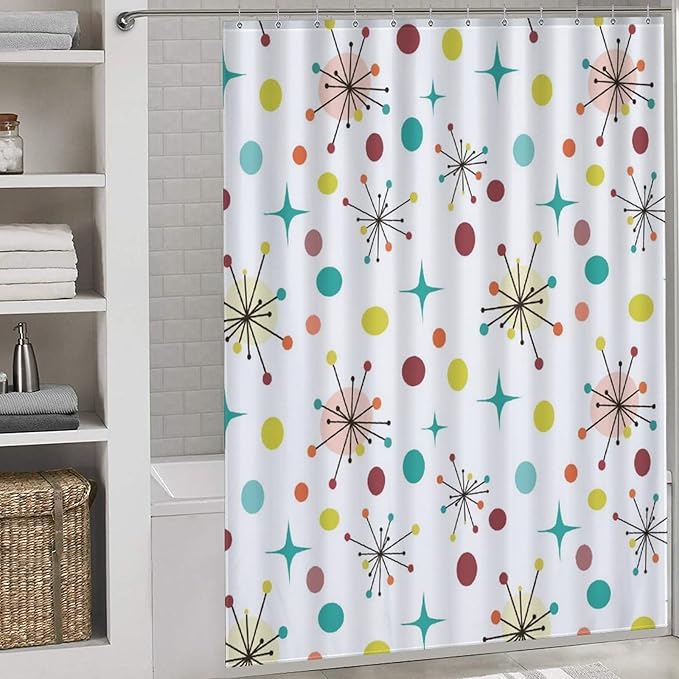 Mid Century Shower Curtain, Geometric Atomic Abstract Iconic Pattern 1950s 1960s Vintage Retro Style Art Pastel Waterproof Fabric Bathroom Shower Curtain Set with Hooks, 72"x84" Inch