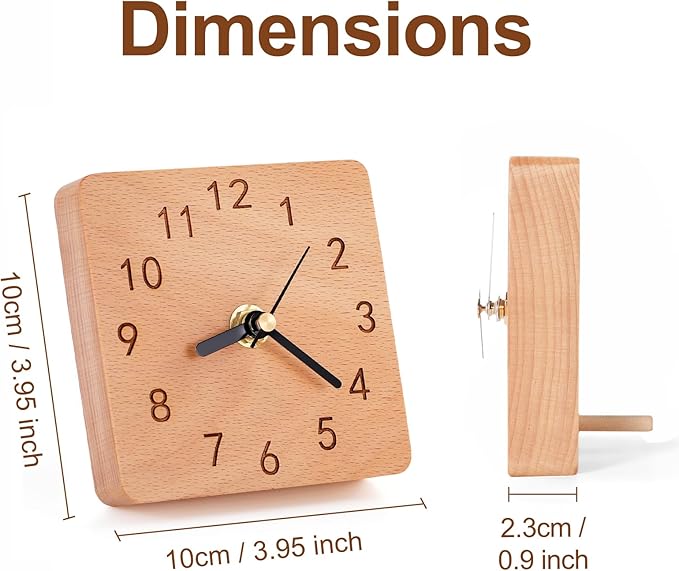 Wooden Table Clock on Stand, Decorative Battery Operated Desk and Shelf Clock, Silent Non-Ticking Desktop Clock for Office, Living Room or Bedroom Decor, Square Shape, Beech Wood