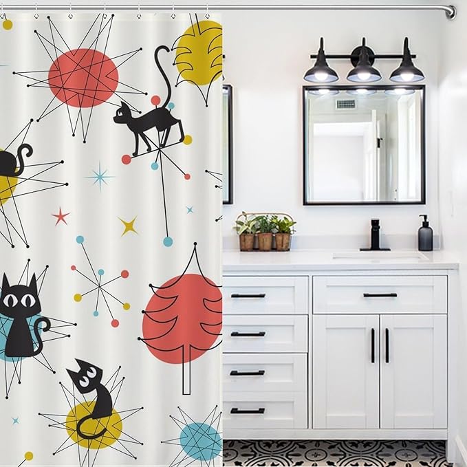 Cats Shower Curtains Black Cat Retro Atomic Christmas Pattern Duty Fabric Shower Curtain Set Bathroom Polyester Waterproof with 12 Hooks,72x72Inch（183x183cm）