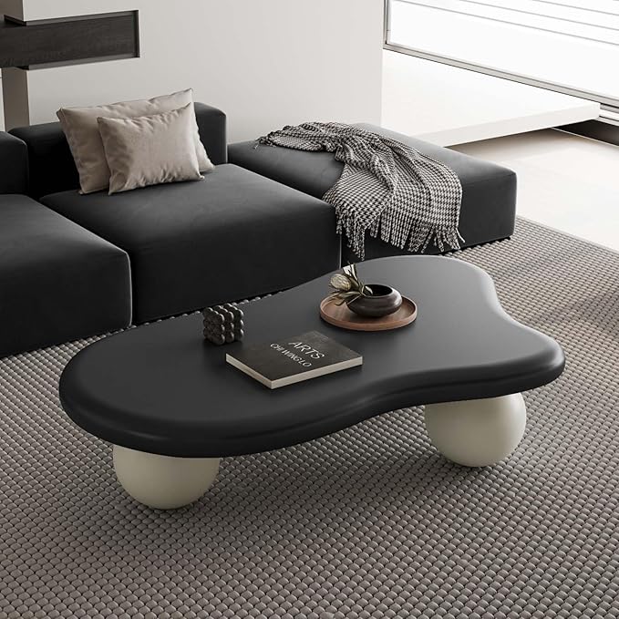 47" Modern Coffee Table Cloud Shape Low Center Table Cute Irregular Indoor Tea Table with 3 Ball Legs for Living Room Small Space