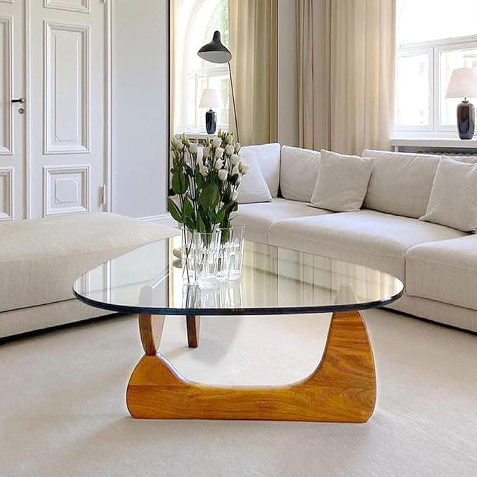 Glass Coffee Table, Mid Century Modern Coffee Table for Living Room, Mesa de Centro para Sala, Rustic Oval Center Table with Tempered Glass Top & Wood Base, Funky Coffee Tables