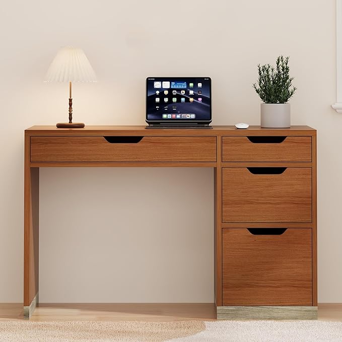 47" Computer Desk with Drawers, Small Home Office Desk with Storage, Wood Desk for Small Space, Office, Study, Brown