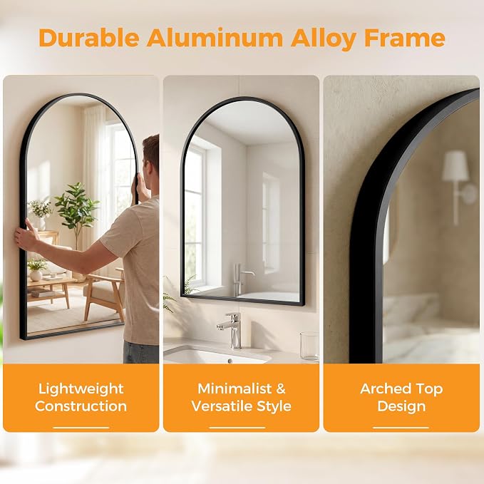 Arched Black Bathroom Mirrors for Wall, 26x38-Inch Bathroom Mirror for Over Sink, Wall Vanity Mirror with Matte Metal Frame and HD Shatter-Proof Glass for Entryway, Living Room, Bedroom
