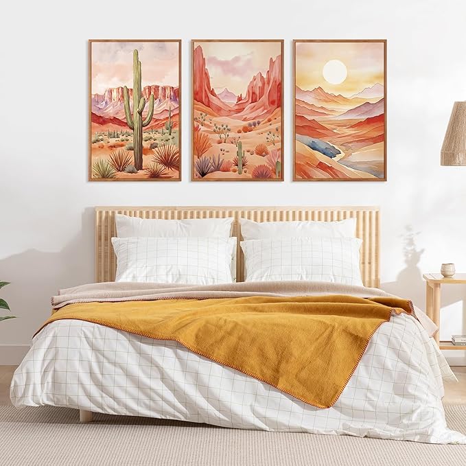 HLNIUC Boho Desert Plant Framed Canvas Wall Art Set,Southwestern Sun Mountain Wall Decor,Cactus Sunset Landscape Wall Painting,Watercolor Abstract Desert Art Prints for Living Room,Office - 24”x36”x3