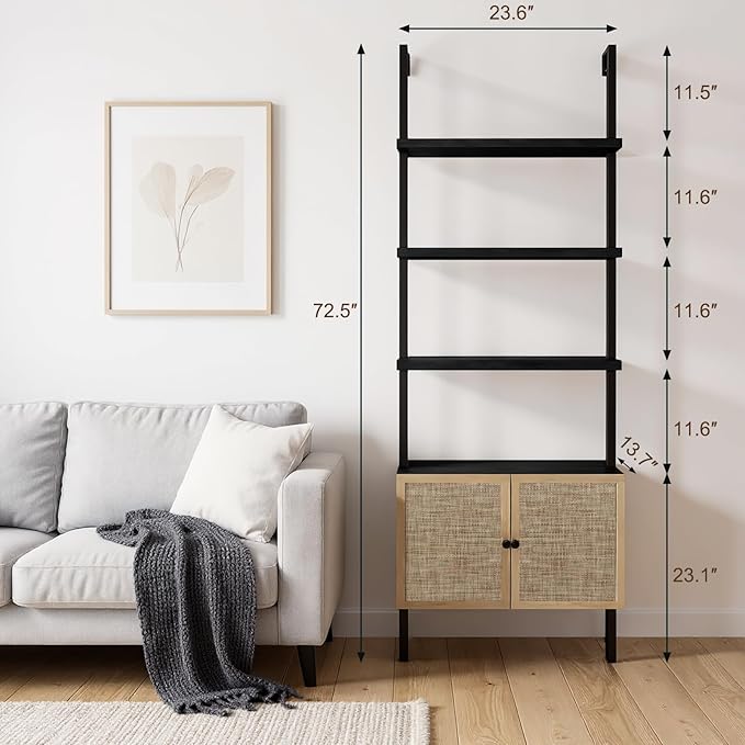 Rattan Bookcase, 6 Tier Ladder Bookshelf with Rattan Cabinet, Wall Mount Tall Bookshelves and Bookcases with Metal Storage Shelves Display for Living Room Bedroom Home Office, Black