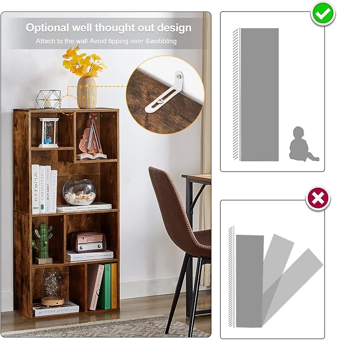 VECELO 4-Tier Modern Bookcase, 42 Inch High Storage Cabinet with Height Difference Shelves for Standard Textbooks, Floor Standing Display, 7 Cubes, Horizontal Avaiable, Easy Assembly, Rustic Brown