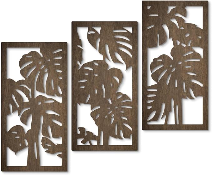Putuo Decor 3-Piece Tropical Leaf Wood Wall Art Set, Palm Leaf Wall Hanging Decor for Bedroom Living Room Bathroom Balcony Decor
