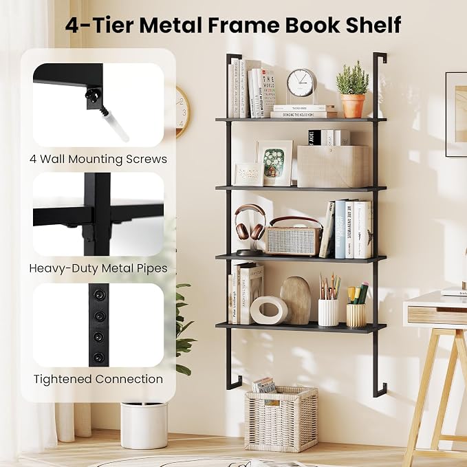 Tangkula 4-Tier Wall-Mounted Bookshelf, Industrial Modern Floating Storage Display Shelves with Metal Frame, Wall-Mounted Ladder Wooden Bookcase for Living Room, Kitchen, Bar, Office (1, Black)