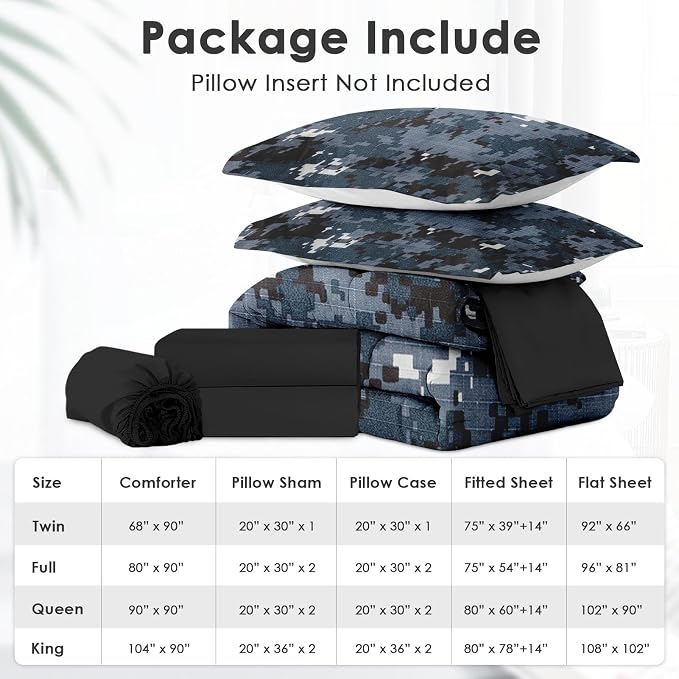 7Pcs Comforter Set King Size, Digital Navy Blue Camouflage Camo, Bedding Decor Army Military Brown Gray Seal Us Bedroom Bed Set Flat Sheet Fitted Sheet Pillowcases Shams for Kids Adults