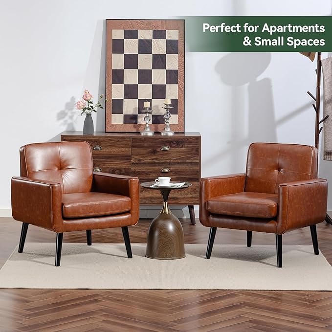 Vogue Furniture Direct Accent Chair Set of 2, PU Leather Modern Chair with Wooden Frame, Cozy Armchair Reading Chair with Comfy Back for Apartment, Living Room, Bedroom, Small Space, Corner, Brown