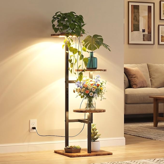 3 Tier Plant Stand Indoor with Grow Light for Multiple Plants | Corner Flower Stand, Vintage Multi-Layer Design, Sturdy Plant Shelf, Space-Saving, Ideal for Living Room Indoor Plant Display