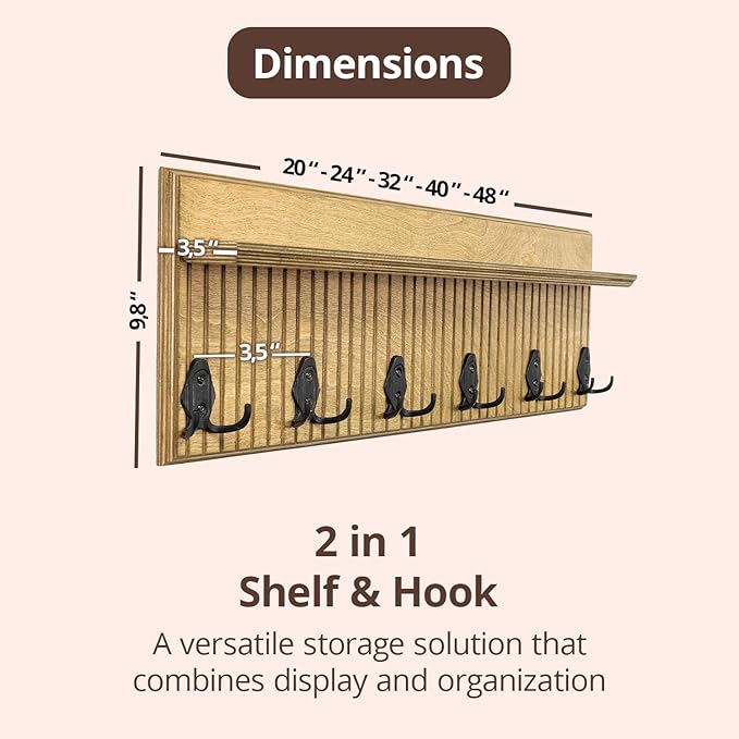 Rustic Wall Mounted Coat Rack with Shelf Wooden Entryway Organizer with 5 Metal Hooks for Coats Hats Towels Keys Floating Storage Shelf for Bathroom Bedroom (Jade, 40 inch Striped (4 Hooks))