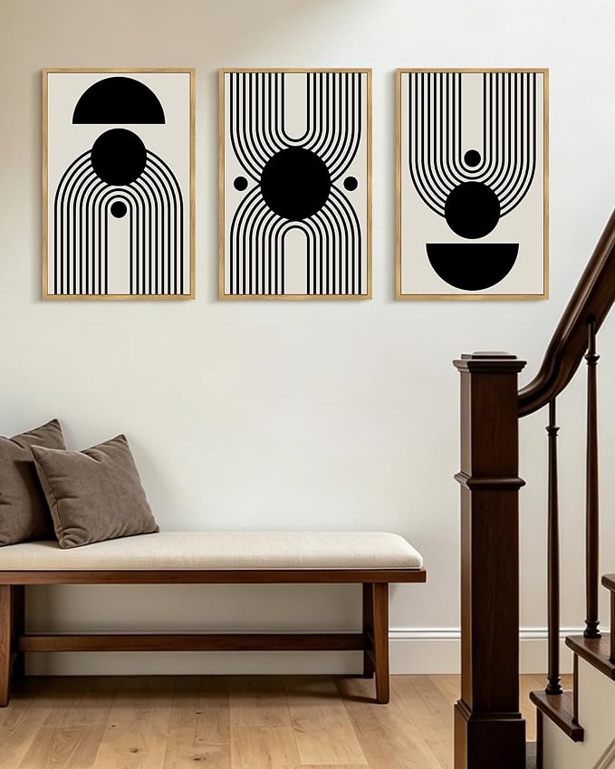 KUVIOKE Black Abstract Framed Wall Art Minimalist Geometry Lines Painting Artwork for Living Room Bedroom 16x24in (Natural Framed)