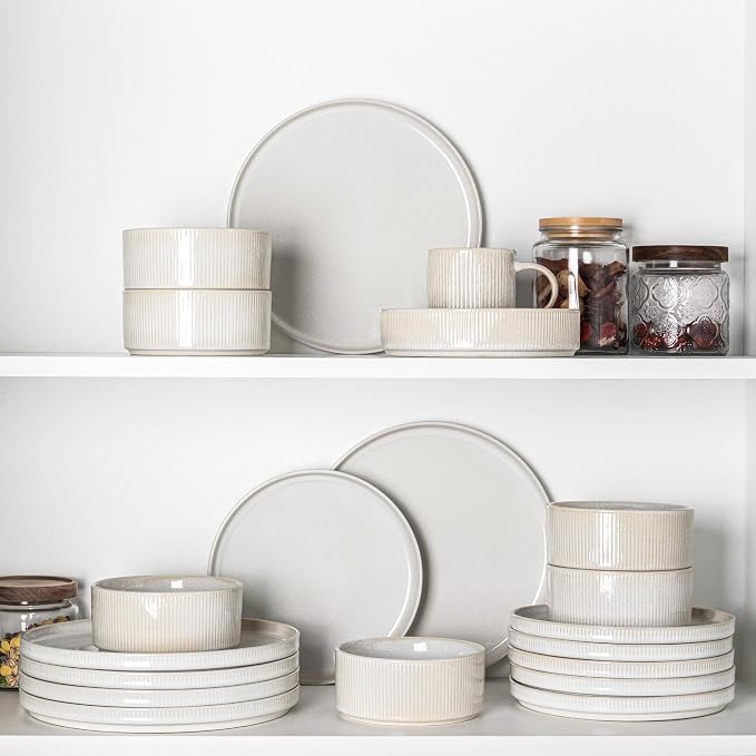 GBHOME Stoneware Dinnerware Sets, Plates and Bowls Set for 4 (12 Pieces) – Scratch Resistant, Microwave & Dishwasher Safe, Reactive Glaze, Sugar White