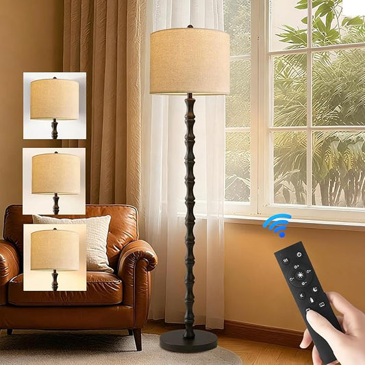 ILLMTW Floor Lamp for Living Room,Bedroom,Vintage Mid Century Standing Lamp with Remote Dimmable,Black Tall Lamp Farmhouse Industrial Rustic Retro Floor Light Boho Bohemian