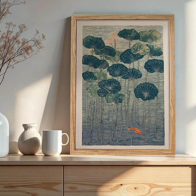 Framed Lotus And Koi Canvas Poster Japanese Floral Botanical Pond Wall Art Retro Oriental Asian Prints Decor for Bedroom Zen Meditation Room Home 24x36 inch