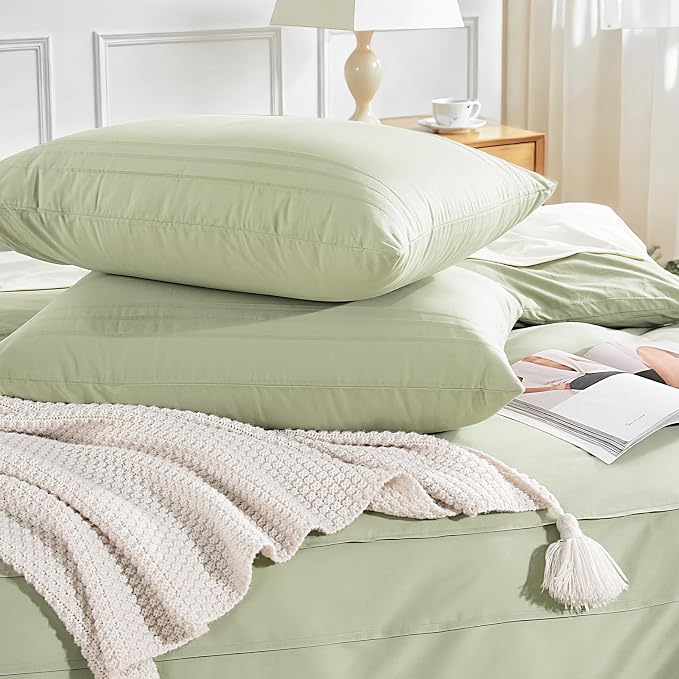 NEXHOME PRO 100% Organic Cotton Duvet Cover Full, Linen Like Pleated Textured Sage Green Duvet Cover Set, 3pc Bedding Set with Zipper Closure, Soft, Lightweight and Breathable (80"x90", No Comforter)