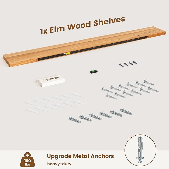 Reclaimed Elm Wood Floating Shelf for Wall, Live Edge 72" W x 9.2" D x 1.4" H, 1 Pack Large Invisible Wall Mounted Shelf for Living Room Bedroom Kitchen Bathroom Decor, Natural Finish