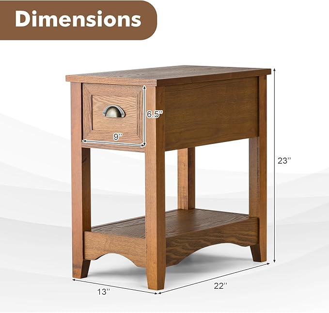 KOTEK End Table with Drawer and Open Shelf, Retro Narrow Side Table Nightstand w/Solid Wood Legs, Slim End Table for Small Space, Living Room, Bedroom, Home Office (Tawny)