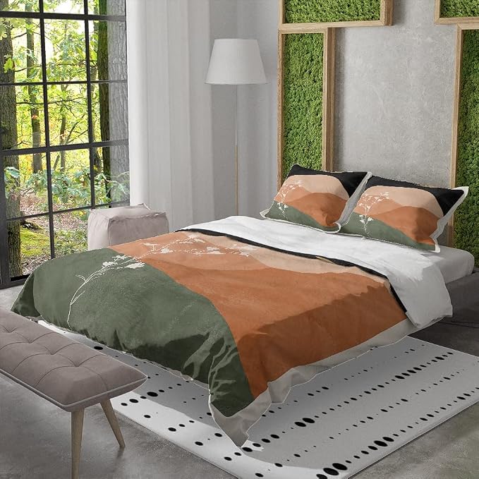 Modern Abstract Mid Century Duvet Cover Queen Size,Burn Orange Boho Bedding Set 3 Pcs Bohemian Sun Moon Art Duvet Cover Sets for Shabby Chic Home Soft Comforter Cover Set with 2 Pillowcase