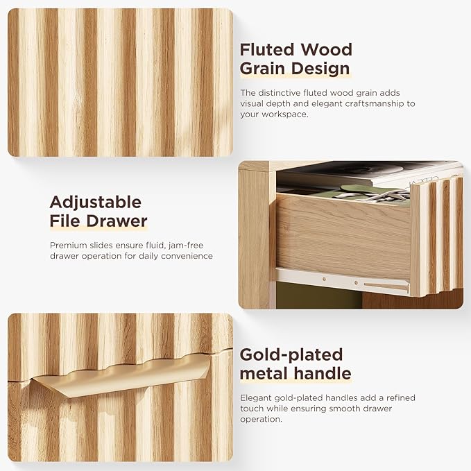 Vabches Fluted Computer Desk with Power Outlets, Home Office Desk with Drawers, Printer Stand, Wood Computer Desk with Long Monitor Stand, Oak