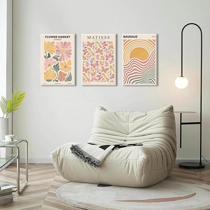 BingruiArt Boho Abstract Wall Art Yellow Canvas Flower Market Posters Set of 3 Bauhaus Pictures Matisse Print Floral Aesthetic Painting Decor for Dorm Living Room Bedroom 16"x24" Framed
