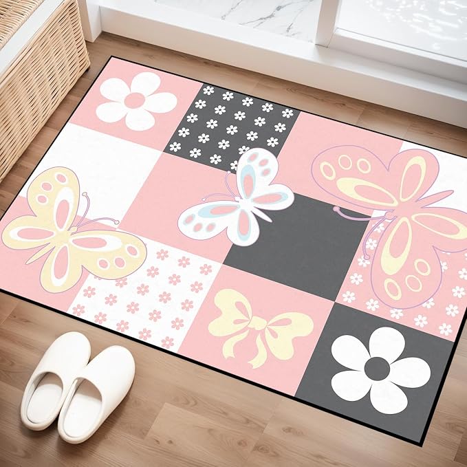 2'x3' Butterfly Area Rug Pink Butterfly Checkered Rugs for Entryway Bedroom Living Room Kitchen Home Decor Cute Flower Carpet Washable Non Slip Floor Mat