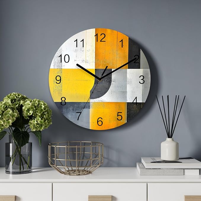 Abstract Style Wall Clock Battery Operated Non-Ticking 10" Round Wood Clocks, Gary Yellow Color Block Oil Painting Kitchen Wall Clock for School Bathroom Living Room Home Office Wall Decor