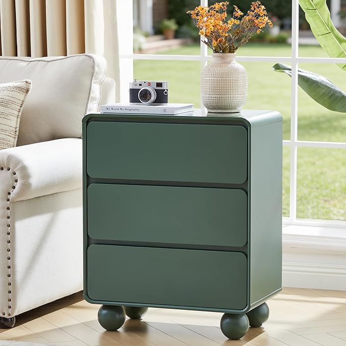 AVZEAR Modern3 Drawer Dresser for Bedroom, Curved Wooden Dresser Chest of Drawers, 3 Drawer Nightstand Closet Clothes Storage Organizer for Kids Bedroom, Living Room, Nursery, Green
