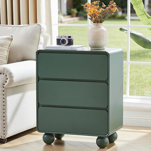 AVZEAR Modern3 Drawer Dresser for Bedroom, Curved Wooden Dresser Chest of Drawers, 3 Drawer Nightstand Closet Clothes Storage Organizer for Kids Bedroom, Living Room, Nursery, Green
