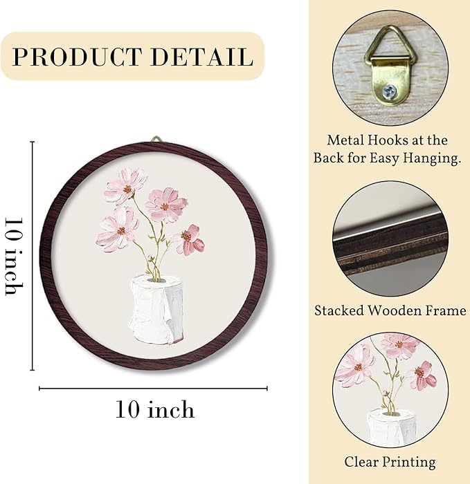 TFKFJLF Vintage Floral Round Wall Art Framed, Farmhouse Flower Round Wall Hanging Art Prints Artwork, Retro Wall Art for Toilet Living Room Bedroom, 10x10 Inch