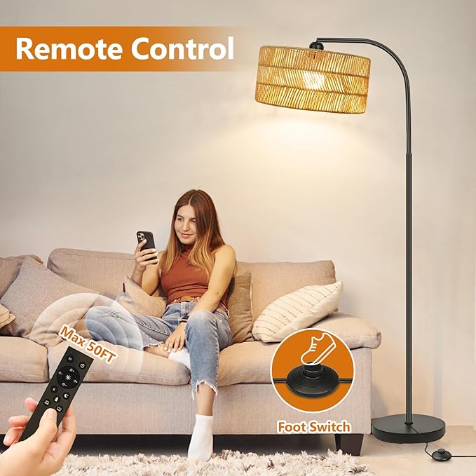 Rattan Floor Lamp- Boho Floor Lamp for Living Room, Rattan Standing Lamps with Dimmable Bulb, Adjustable Rattan Lamp Shades Bohemian Over Couch Lamps for Bedroom, Office