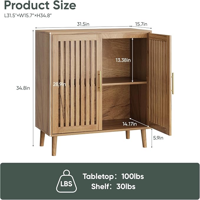 Smart FENDEE Sideboard Cabinet, 31.5" W Farmhouse Buffet Cabinet with Slatted Doors & Adjustable Shelf, Wooden Coffee Bar Storage Station for Kitchen, Dining Room, Living Room, Entryway, Natural