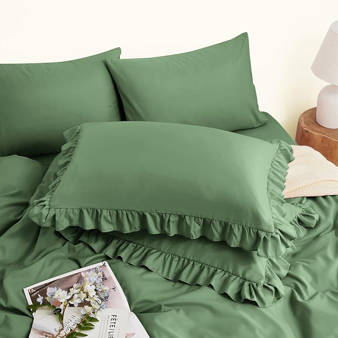 Horbaunal Sage Green Ruffle Sheets Queen Size 6 Piece, Fits 16" Deep Mattress, Microfiber Green Queen Sheets with 2 Ruffled Pillowcases, Shabby Chic Queen Bed Sheet Set