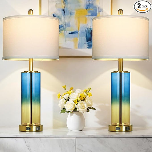 Ruzectt 26" Blue and Gold Glass Lamps Set of 2, 3-Way Dimmable Touch Coastal Bedroom Table Lamp with USB C+A Ports & AC Outlet, Elegant Brass Living Room Lamp, Nautical Bedside Lamps for Night Stands