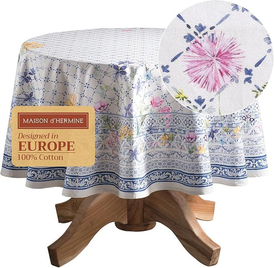 Maison d' Hermine Table Cloth Round Table 100% Cotton 63 Round Inches Tablecloth Reusable Decorative for Dining Room Farmhouse Home Valentines Day Decorations Spring Summer - Faience