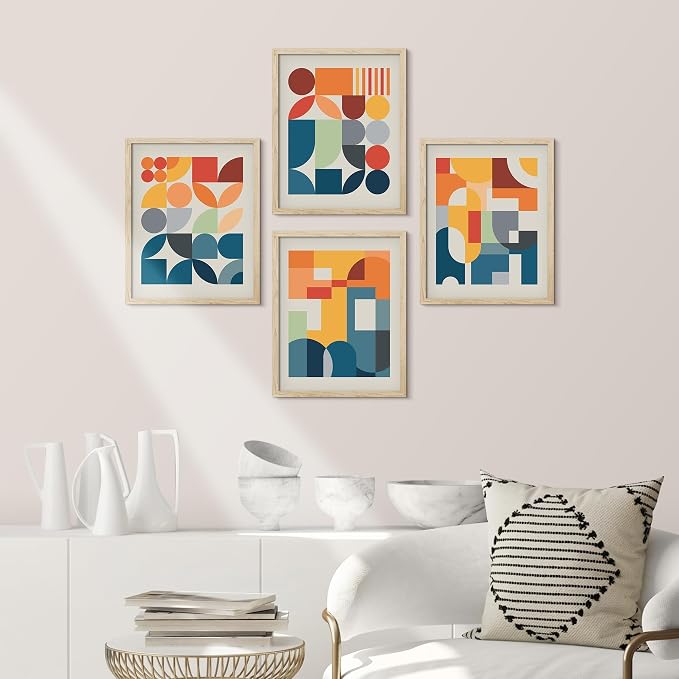 SIGNWIN Framed Mid-Century Modern Colorful Geometric Polygons Wall Art, Set of 4 Abstract Geometric Wall Decor Prints, Nature Wilderness Wall Décor for Living Room, Bedroom - 12"x16" Natural