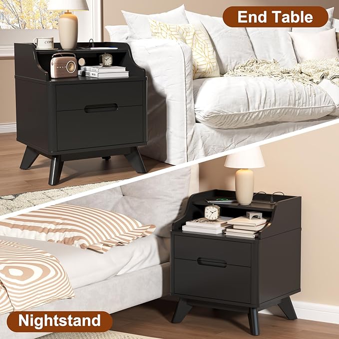 Nightstand with Charging Station, 21" Tall Nightstand w/2 Storage Drawers, Wood Night Stand with Hidden Handle, 17'' Wide Modern Bedside Table for Bedroom,Black