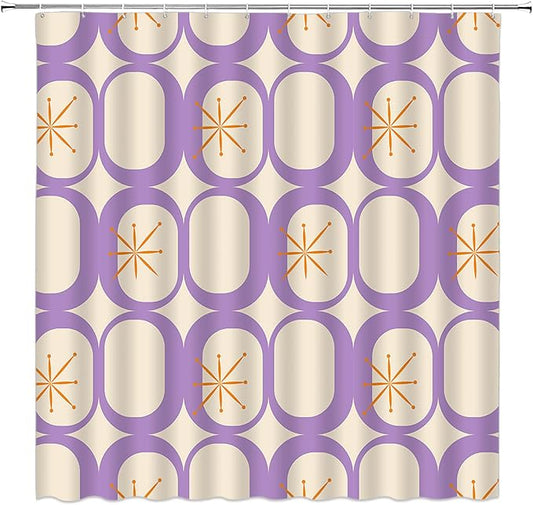 Mid Century Shower Curtain Modern Abstract Atomic Starbursts Squares Retro 50s Geometric Bathroom Decor Polyester Curtains with Hooks