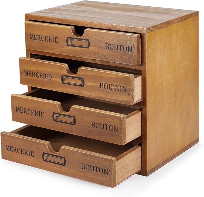 Flexzion Wood Desktop Organizer with Drawers, Desktop Storage Drawers Wood Cabinet, 4-Drawer Wooden Card Catalog Cabinet for Office, Crafts, Jewelry, Stationery, Vintage Brown