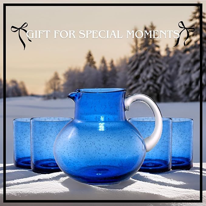 Artland Iris 90oz Handcrafted Pitcher & 14oz Double Old Fashion Glass (Set of 4) - Lead-Free Bubble Drinkware for Elegant Dining & Serving - Ideal for Water, Cocktails, Juice, Gatherings (Cobalt Blue)