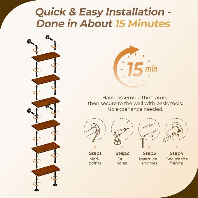 Industrial Ladder Pipe Shelves, Wall Mounted Rustic Bookshelf, Retro Metal Wood Bookcases (Walnut, 6 Tier - 10" D x 24" W x 82.5" H)