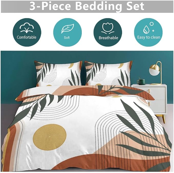 Boho Leaf Bedding Set,Mid Century Palm Tropical Leaf Abstract Geometric Modern Minimalism Comforter Set with Pillowcase for Bedroom Bed Decor，Twin 86"x70"