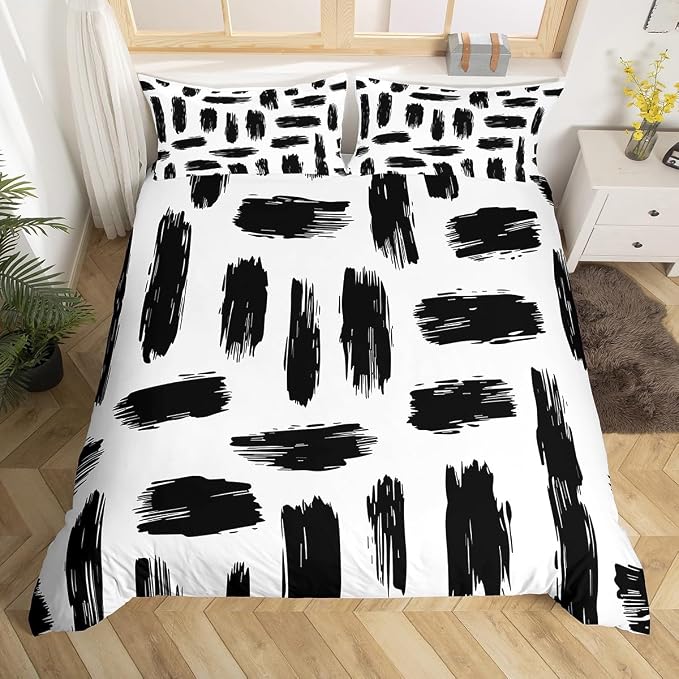 Erosebridal Geometric Stripes Duvet Cover King Bohemian Exotic Abstract Striped Bedding Set for Kids Teens | Black White Ink Brushed Quilt Cover Lines Bed Set with 2 Pillow Cases