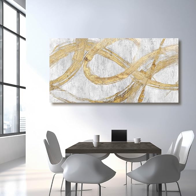 VAYIMDH Decorative Wall Art Line Painting Prints on Canvas White Living Room Wall Decor 24"x 48" Abstract Artwork Gold Picture Wall Decor for Bedroom